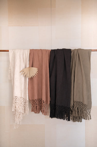 Woven Cotton Throw with Crochet and Fringe, Charcoal