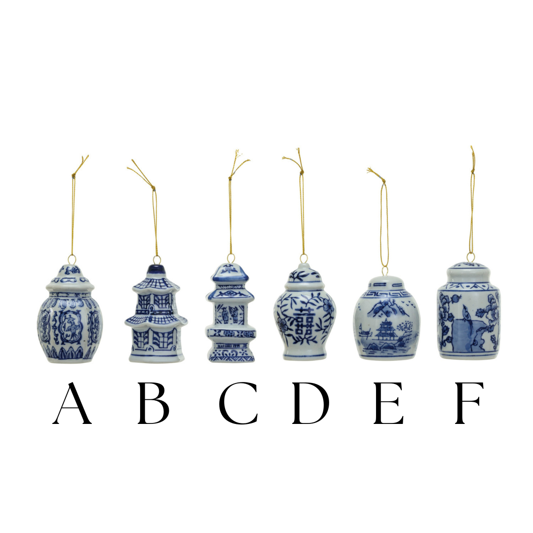 Stoneware Ginger Jar Ornament, Blue & White