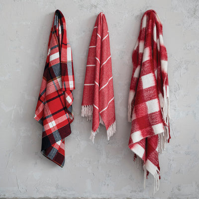 60"L Woven Acrylic Throw w/ Fringe, Red & White Plaid