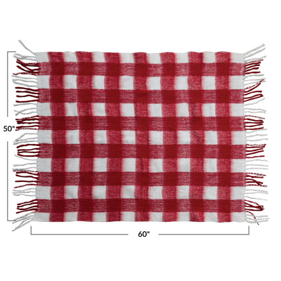 60"L Woven Acrylic Throw w/ Fringe, Red & White Plaid