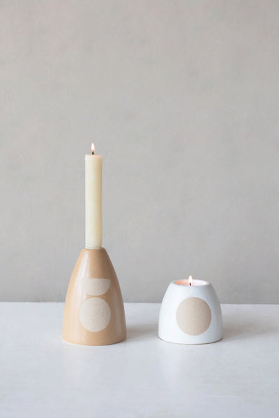 Caramel Stoneware Taper Holder with Circle Design