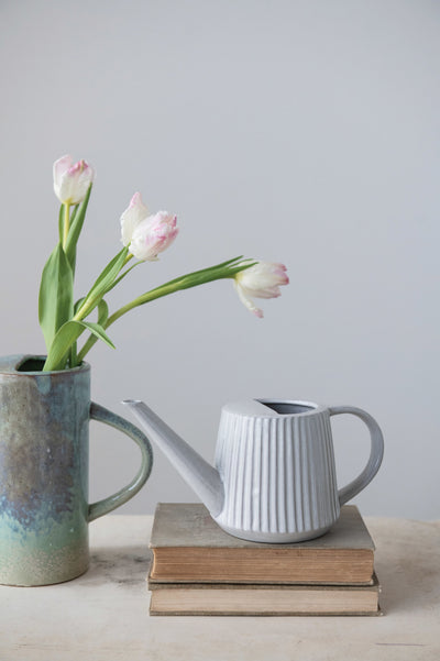 Stoneware Fluted Watering Can, Reactive Glaze