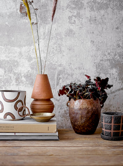 Black Grid Terracotta Planter with Saucer