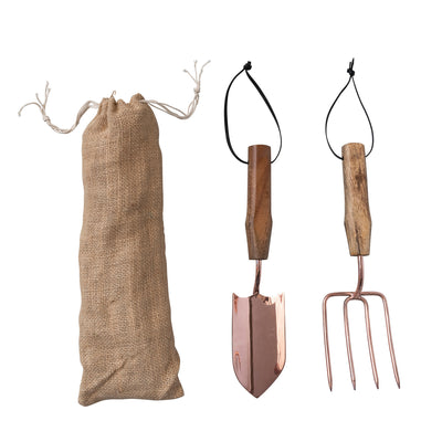 Garden Tools Set w/ Mango Wood Handles & Leather Ties
