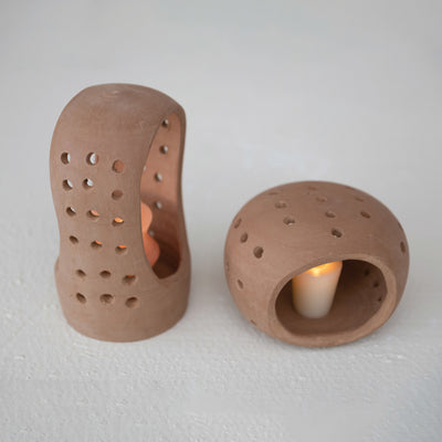 Handmade Terracotta Candle Holder w/ Cut-Outs
