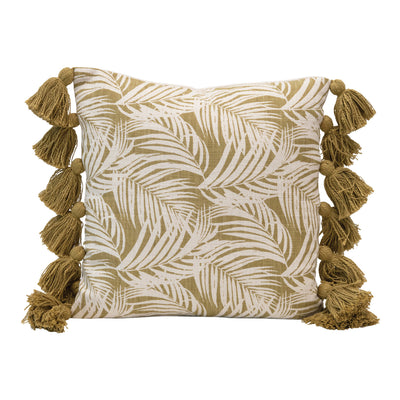 18" Square Cotton Pillow, Palm Frond with Tassels, Green