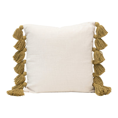 18" Square Cotton Pillow, Palm Frond with Tassels, Green