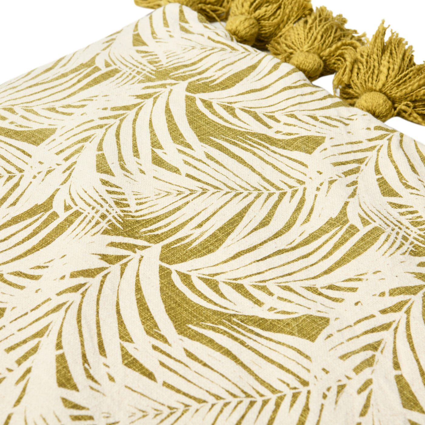 18" Square Cotton Pillow, Palm Frond with Tassels, Green