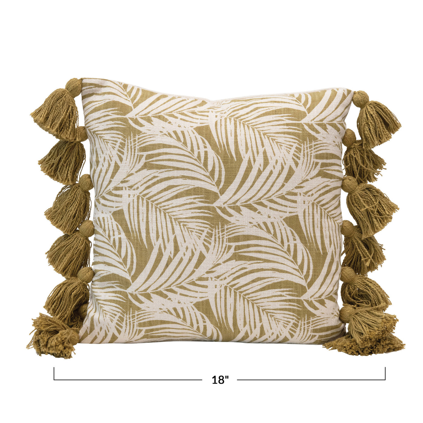 18" Square Cotton Pillow, Palm Frond with Tassels, Green