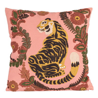 20" Sq Cotton Slub Pillow w/ Emb Tiger & Flowers