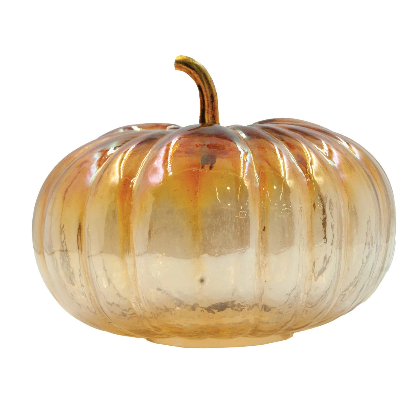 5-1/2"H Glass Pumpkin w/ Brass Stem, Iridescent