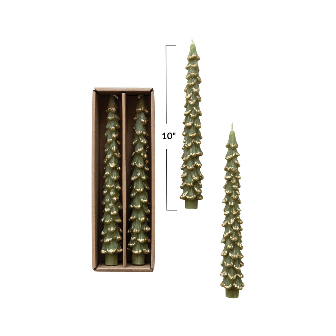 10"H Unscented Tree Shaped Taper Candles w/ Gold Tips, Evergreen