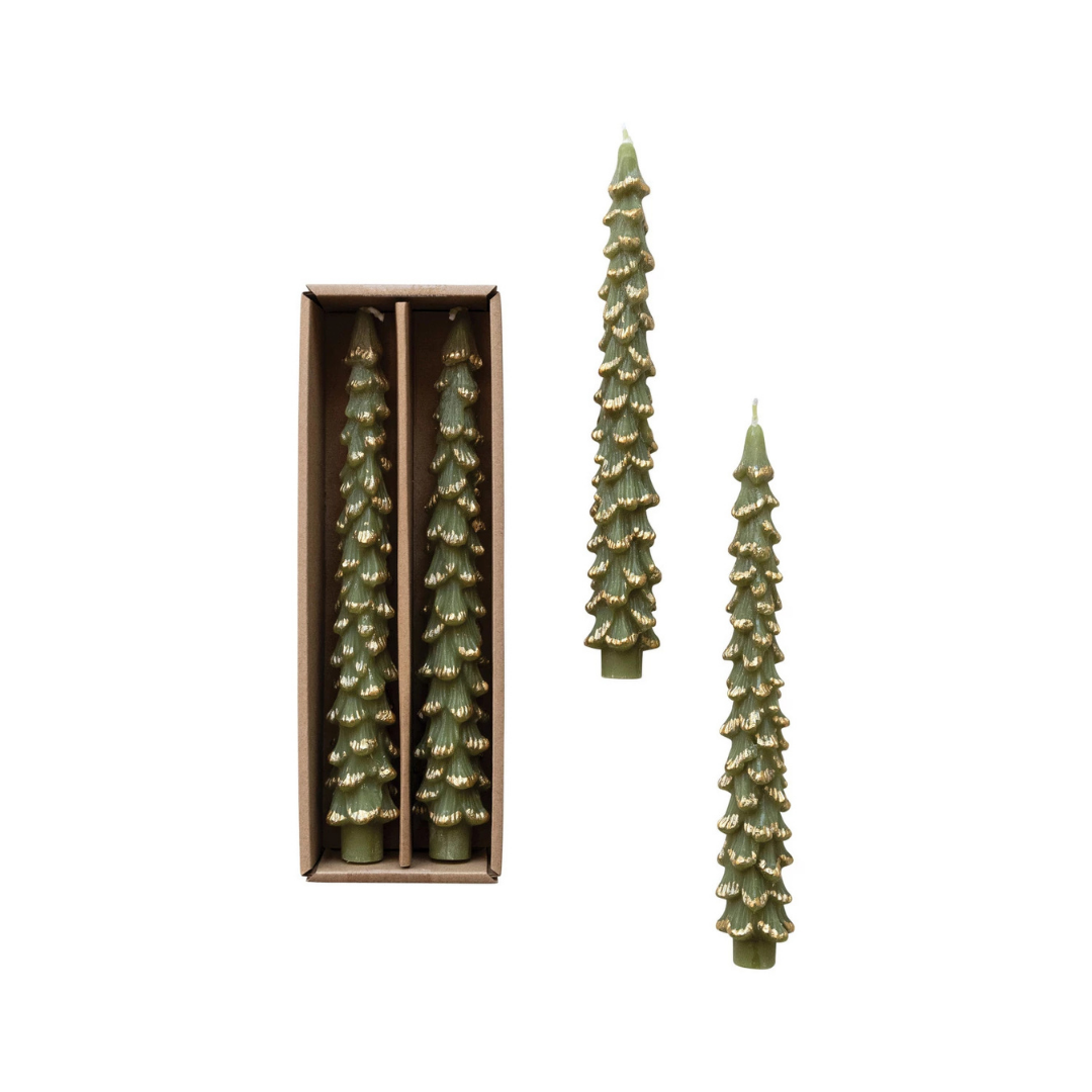 10"H Unscented Tree Shaped Taper Candles w/ Gold Tips, Evergreen