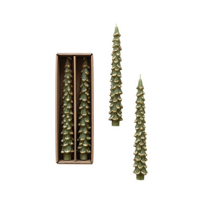 10"H Unscented Tree Shaped Taper Candles w/ Gold Tips, Evergreen