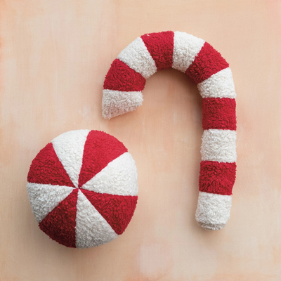 Sherpa Candy Cane Shaped Pillow, Red & White