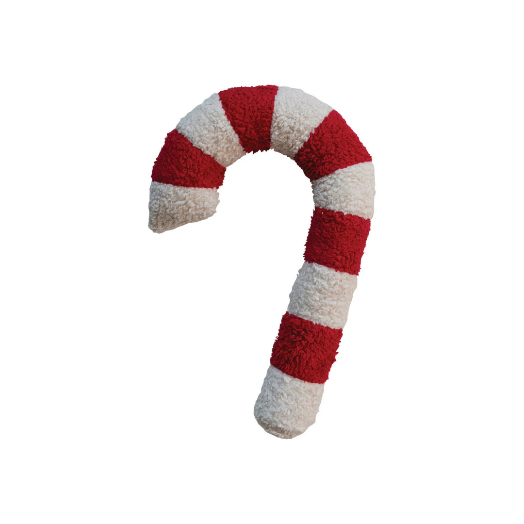 Sherpa Candy Cane Shaped Pillow, Red & White
