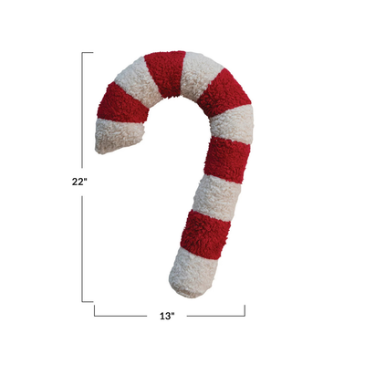 Sherpa Candy Cane Shaped Pillow, Red & White