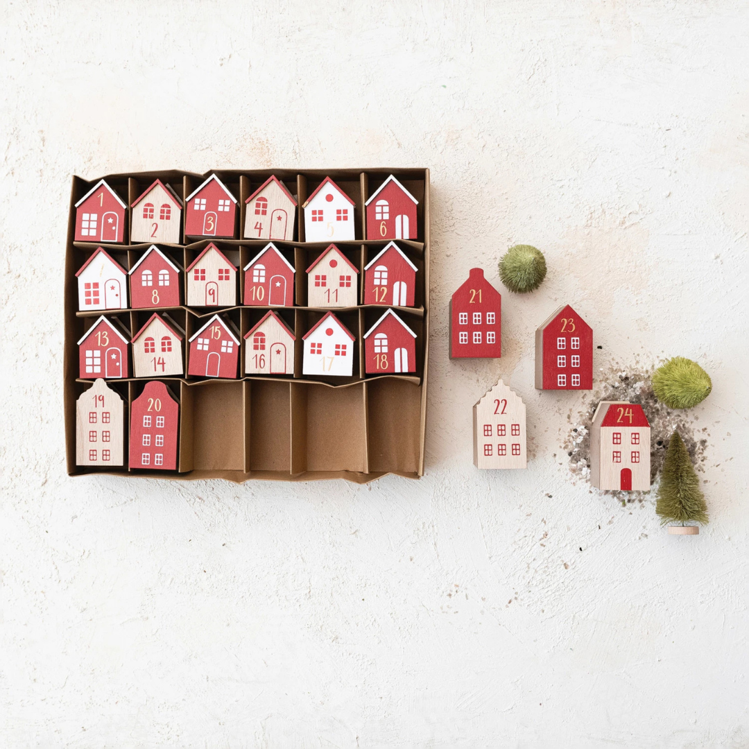 Wood Advent Calendar Houses, Red, White & Natural