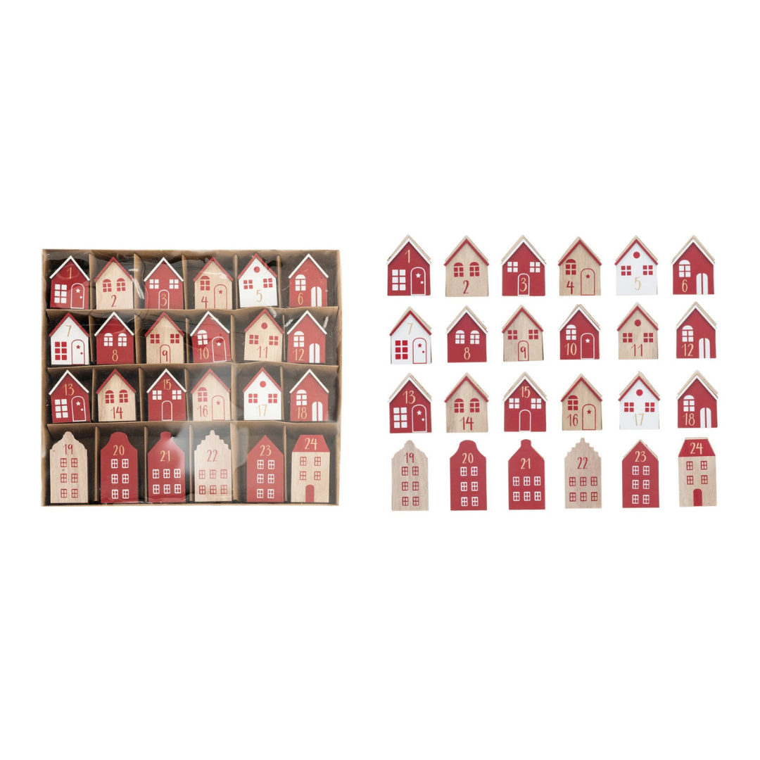 Wood Advent Calendar Houses, Red, White & Natural