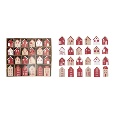 Wood Advent Calendar Houses, Red, White & Natural
