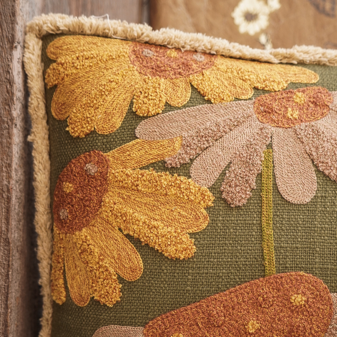 Cotton Slub Embroidered Pillow w/ Flowers