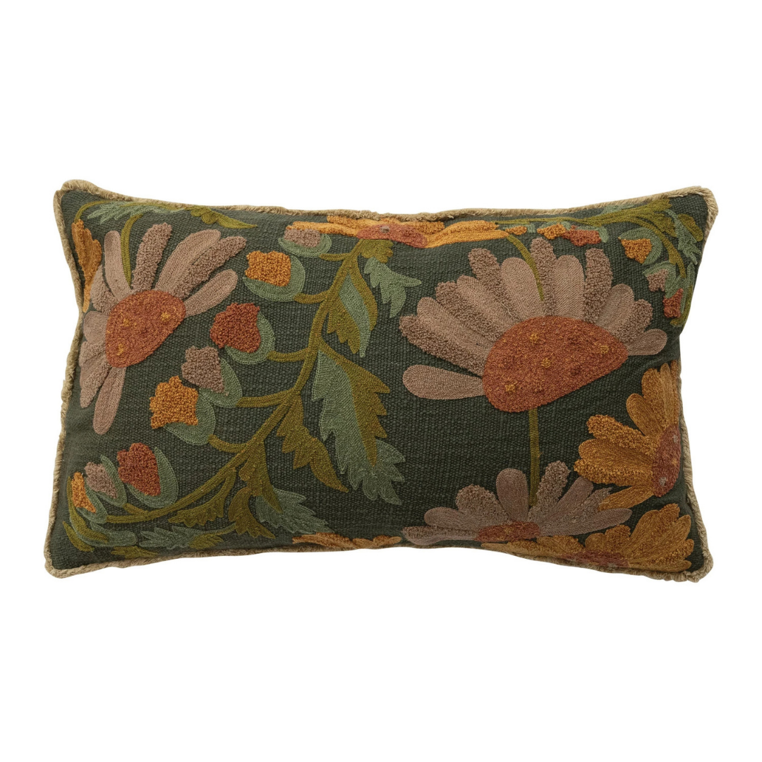 Cotton Slub Embroidered Pillow w/ Flowers