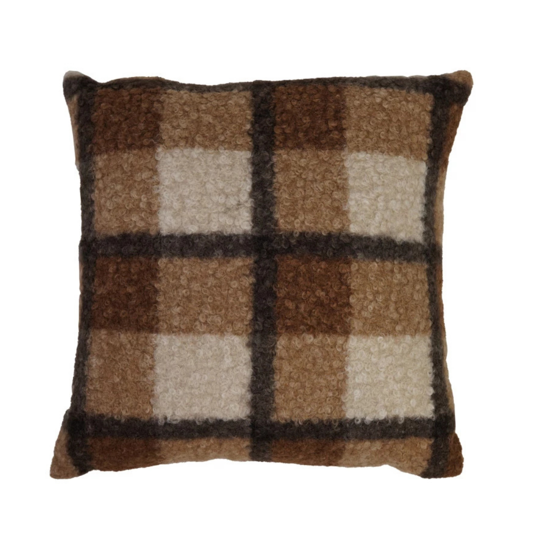 18" Faux Sherpa Pillow, Brown Plaid