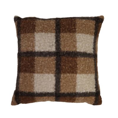 18" Faux Sherpa Pillow, Brown Plaid