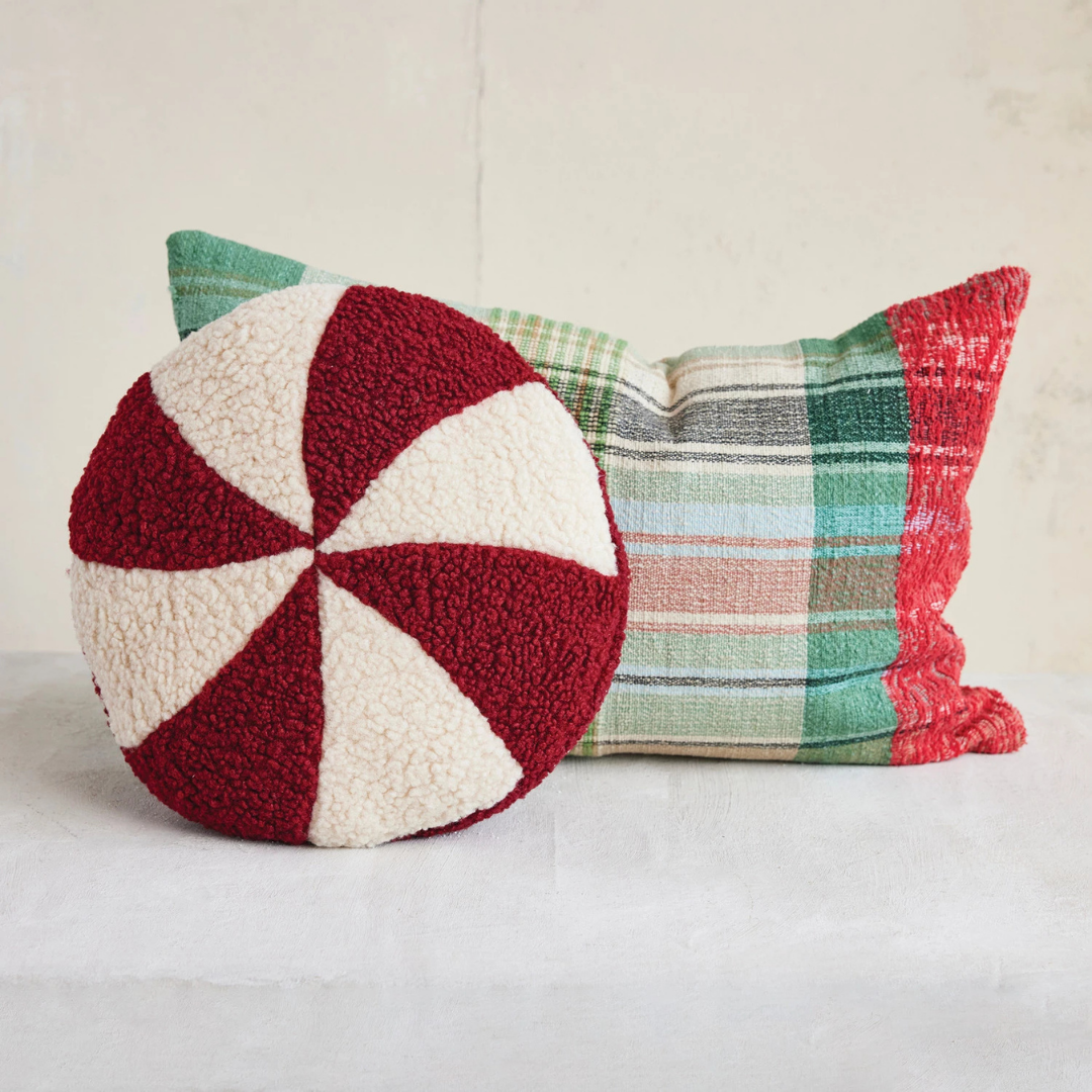Faux Sherpa Peppermint Pillow, Red & White