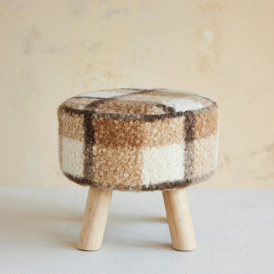 Faux Sherpa Fabric Upholstered Stool, Brown Plaid