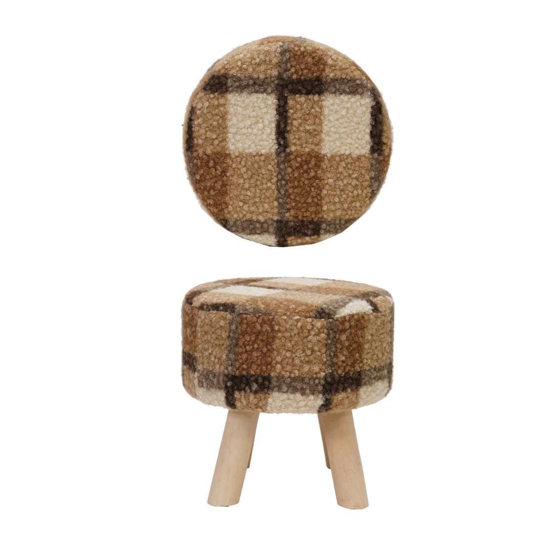 Faux Sherpa Fabric Upholstered Stool, Brown Plaid