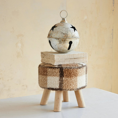 Faux Sherpa Fabric Upholstered Stool, Brown Plaid