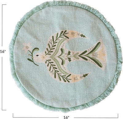 16" Round Cotton Printed Pillow w/ Emb Dove