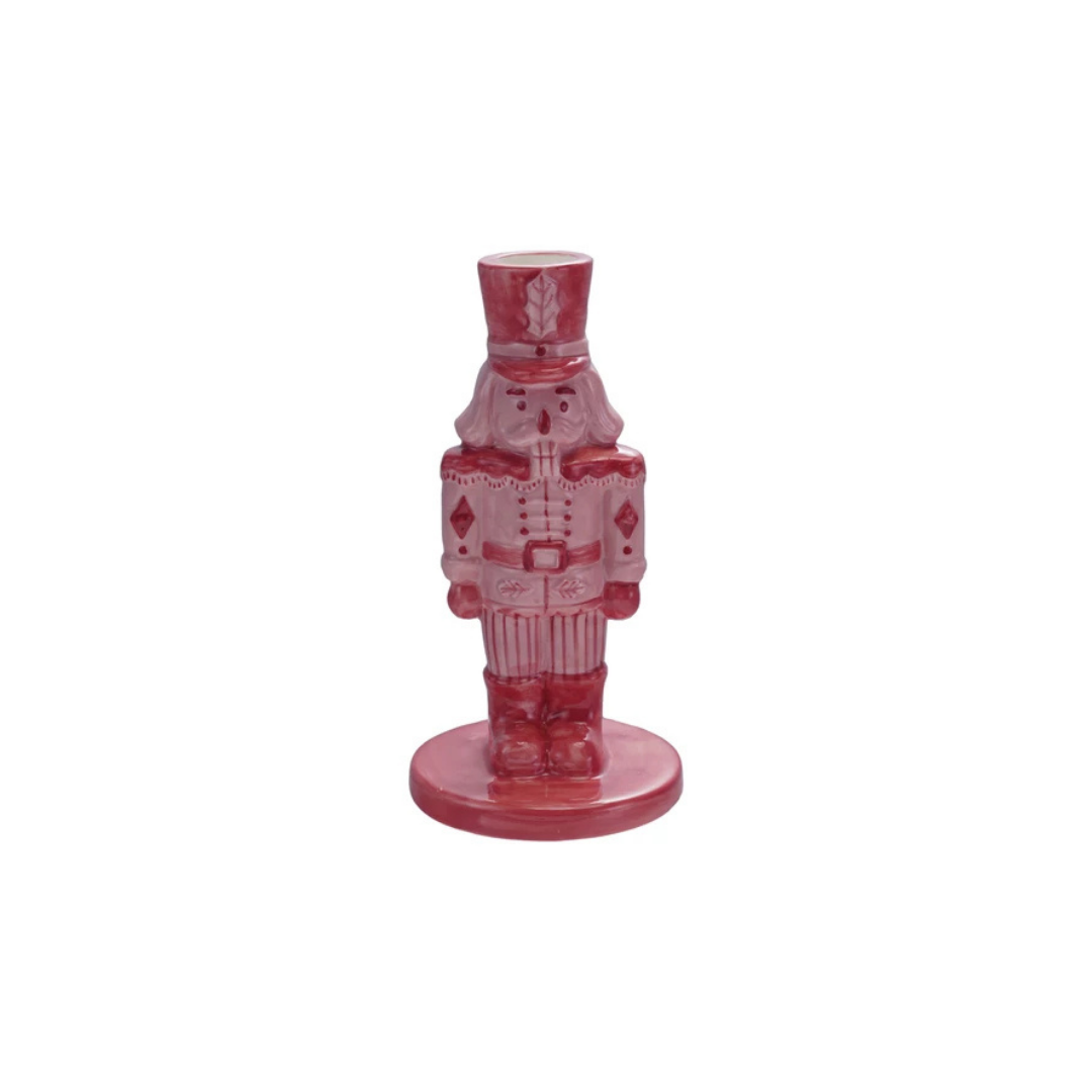 6" Stoneware Nutcracker Taper Holder, Pink & Red