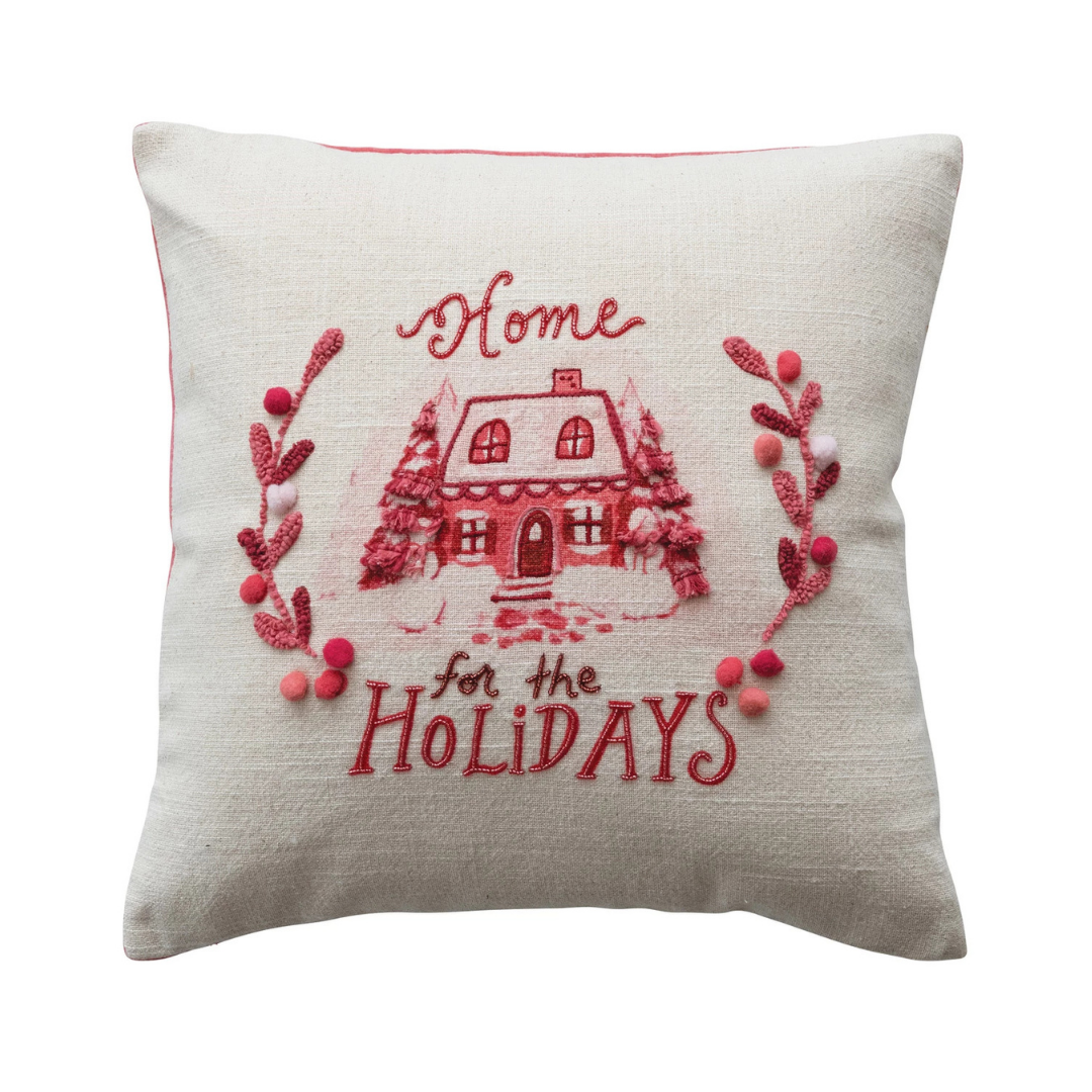 16" Square Cotton Slub Printed Pillow w/ Emb House