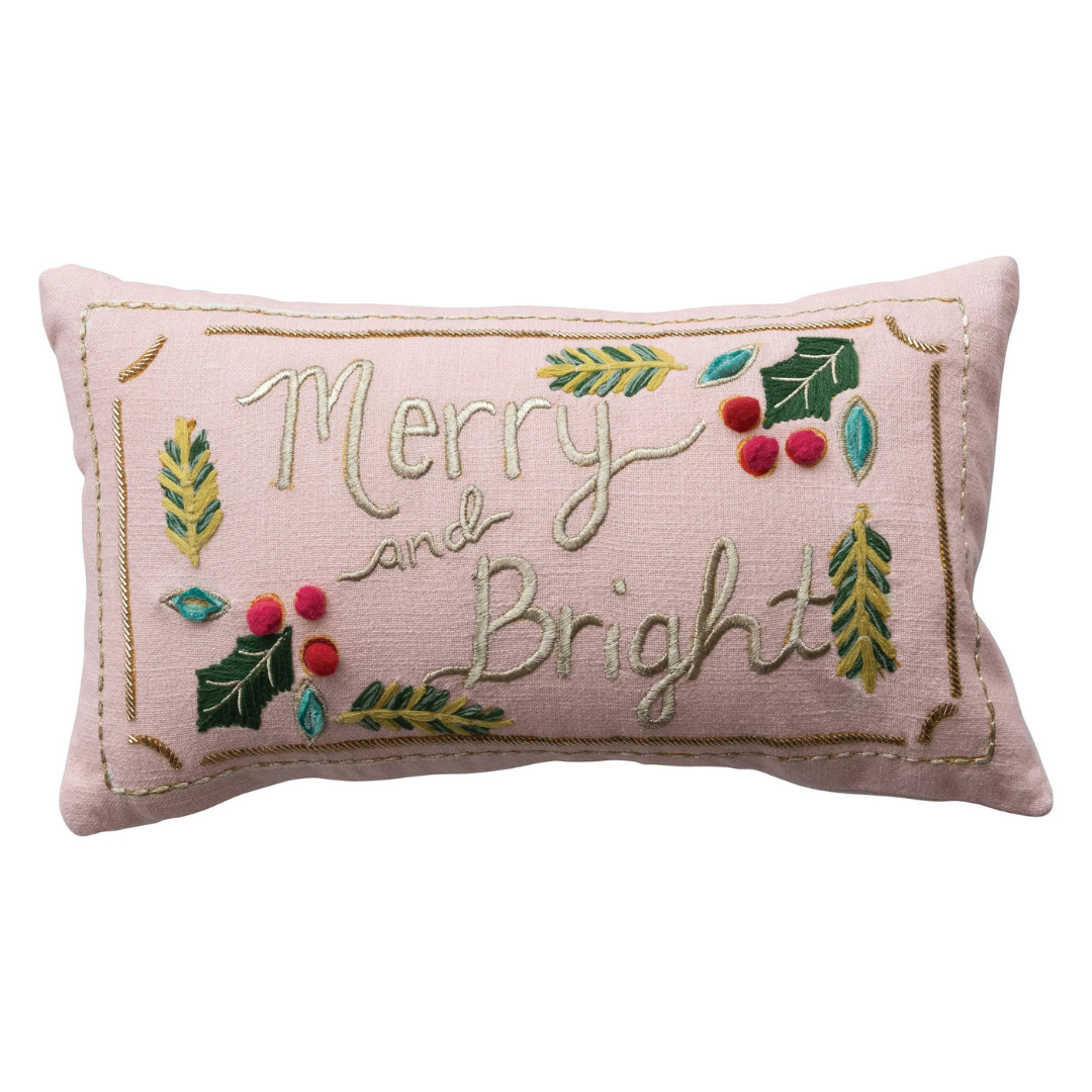 18"L Cotton Lumbar Pillow, "Merry & Bright"