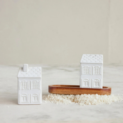 Stoneware House Shaped Salt & Pepper Shakers with Wood Tray