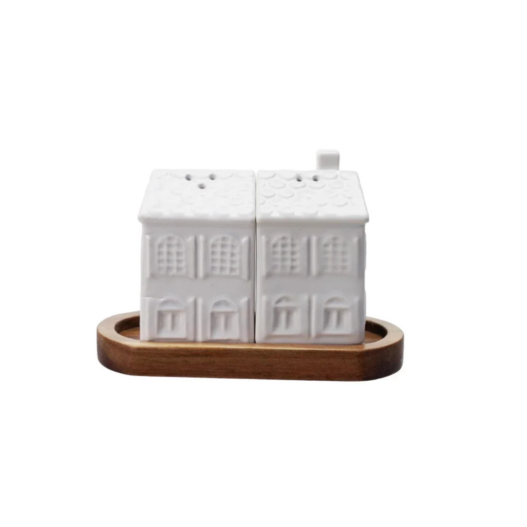 Stoneware House Shaped Salt & Pepper Shakers with Wood Tray