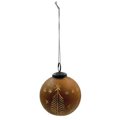 4" R Glass Ball Ornament w/ Etched Trees & Stars, Matte Brown