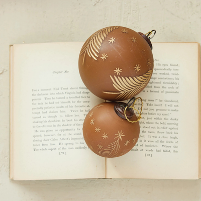 4" R Glass Ball Ornament w/ Etched Trees & Stars, Matte Brown