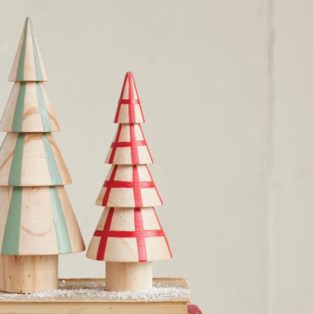 Wood Tree w/ Grid Pattern, Natural & Red