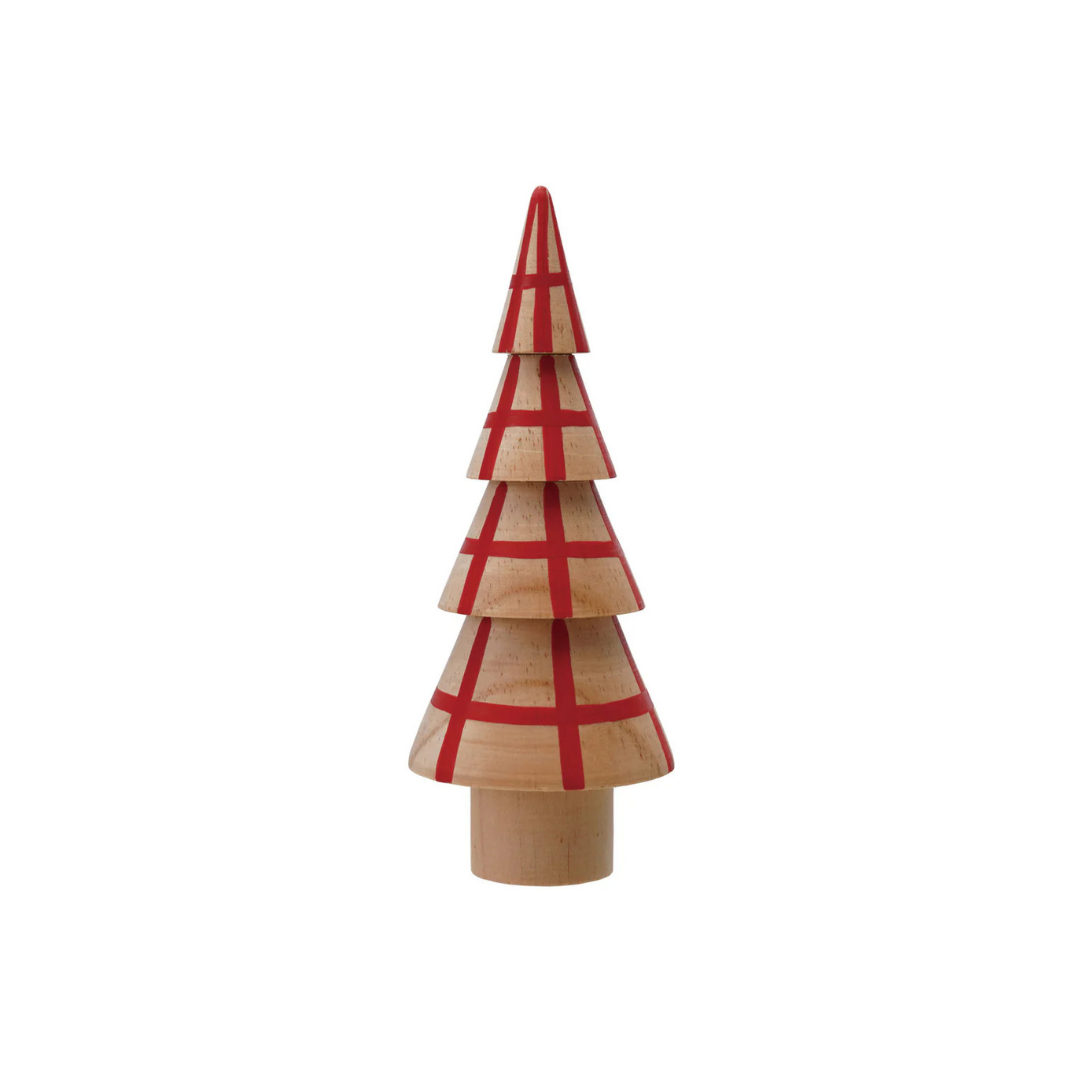 Wood Tree w/ Grid Pattern, Natural & Red