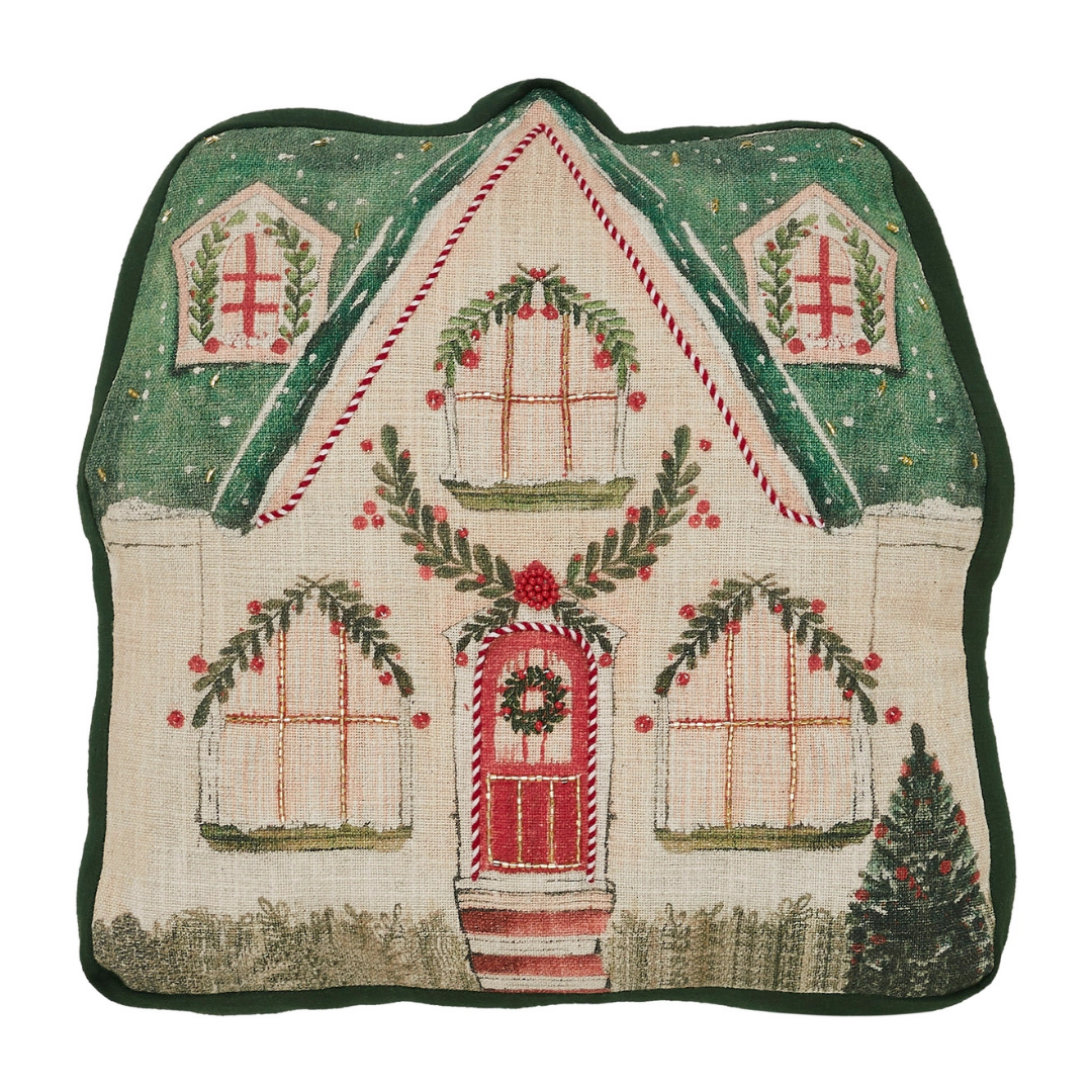 14" Christmas Cottage Pillow with Beads