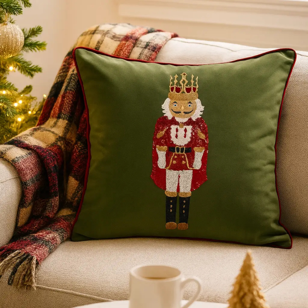 Green Emb Nutcracker Velvet 18" Throw Pillow | With Insert