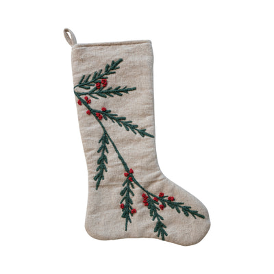 Woven Cotton & Jute Stocking w/ Embroidered Holly