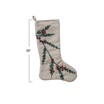 Woven Cotton & Jute Stocking w/ Embroidered Holly