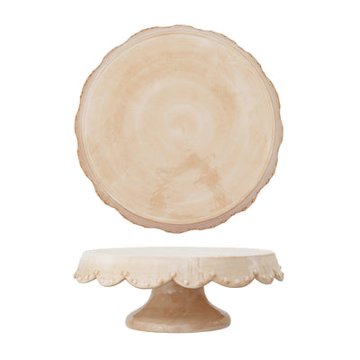Stoneware Pedestal w/ Scalloped Edge, Pale Pink