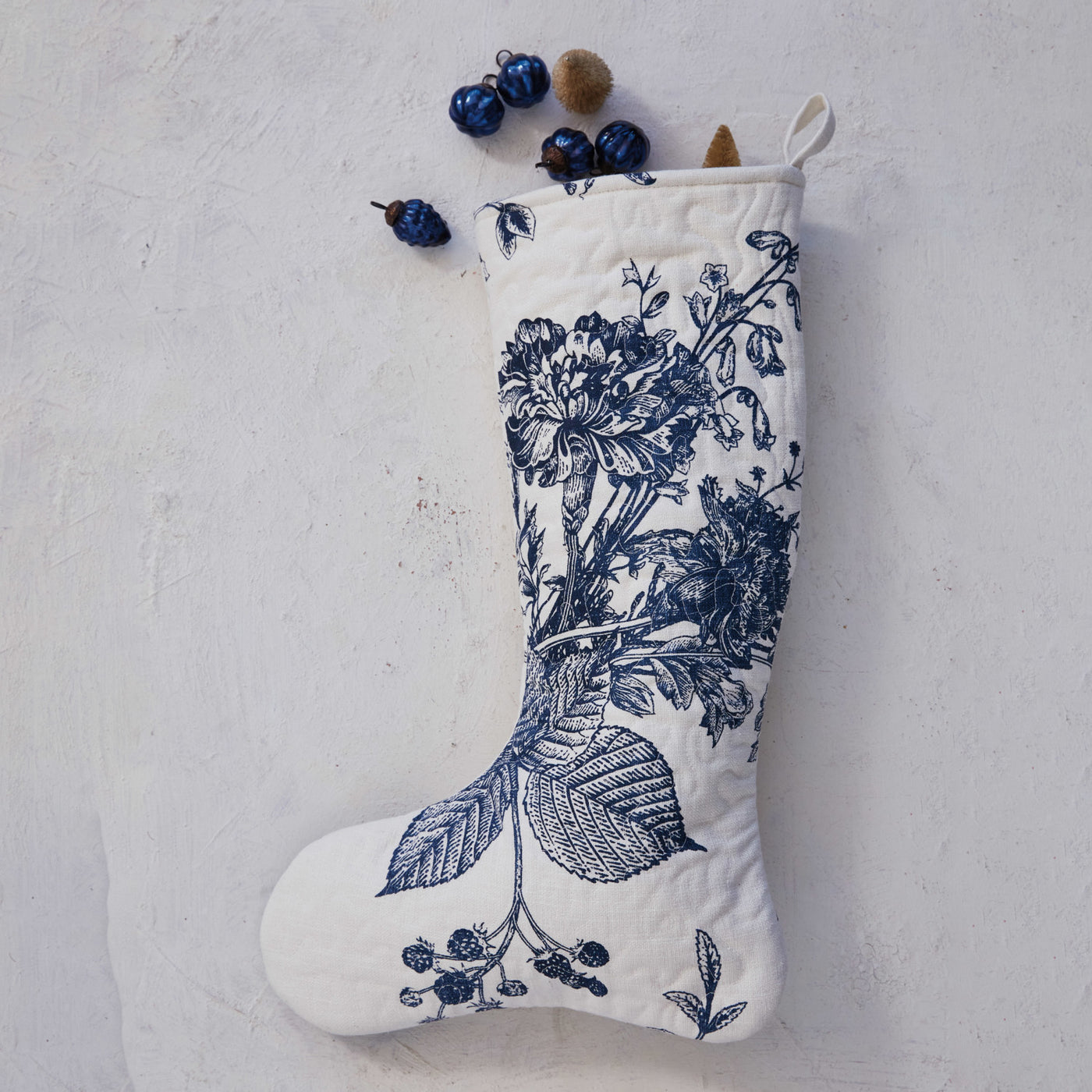 Quilted Cotton Printed Stocking, White & Blue