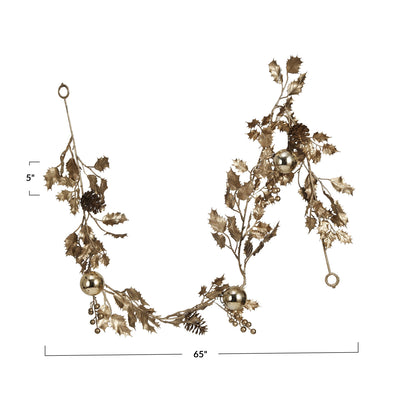 65"L Faux Holly Garland w/ Pinecones, Gold