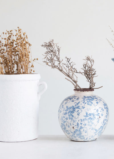 8" Terracotta Vase, Blue & White